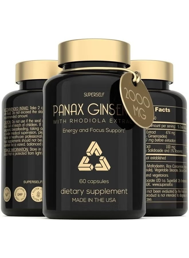 Panax Ginseng and Rhodiola Rosea 2000mg - Korean Ginseng High Strength 60 Capsules - Herbal Supplement for Men & Women - Energy Complex with Ginseng Root Extract Standardized 7% Ginsenosides - US Made